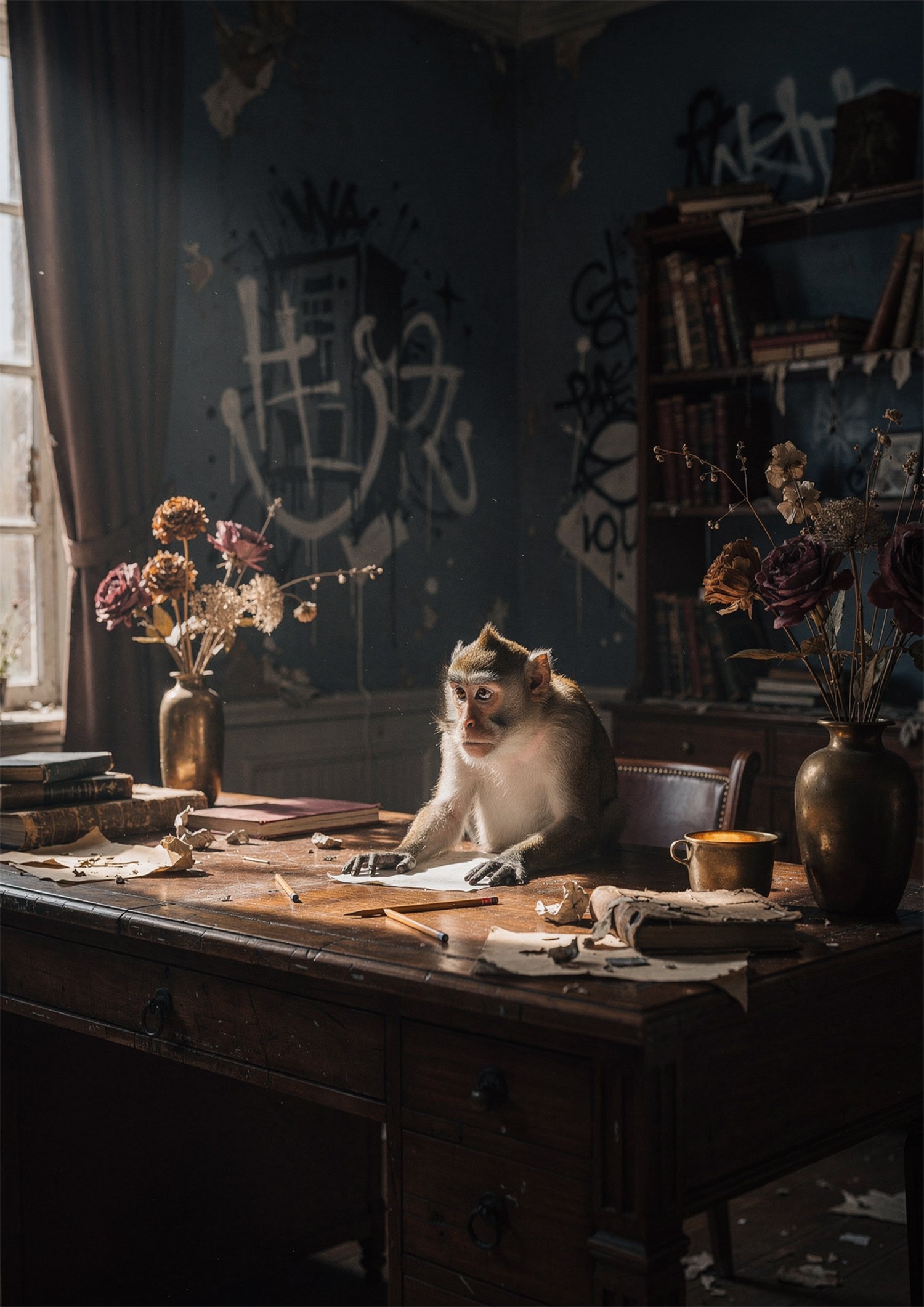 Singe assis à un bureau en bois avec livres et fleurs dans une pièce sombre au mur bleu avec graffiti