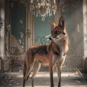 Affiche renard debout dans un salon abandonné avec lustre en cristal, murs écaillés, parquet ancien et lumière douce