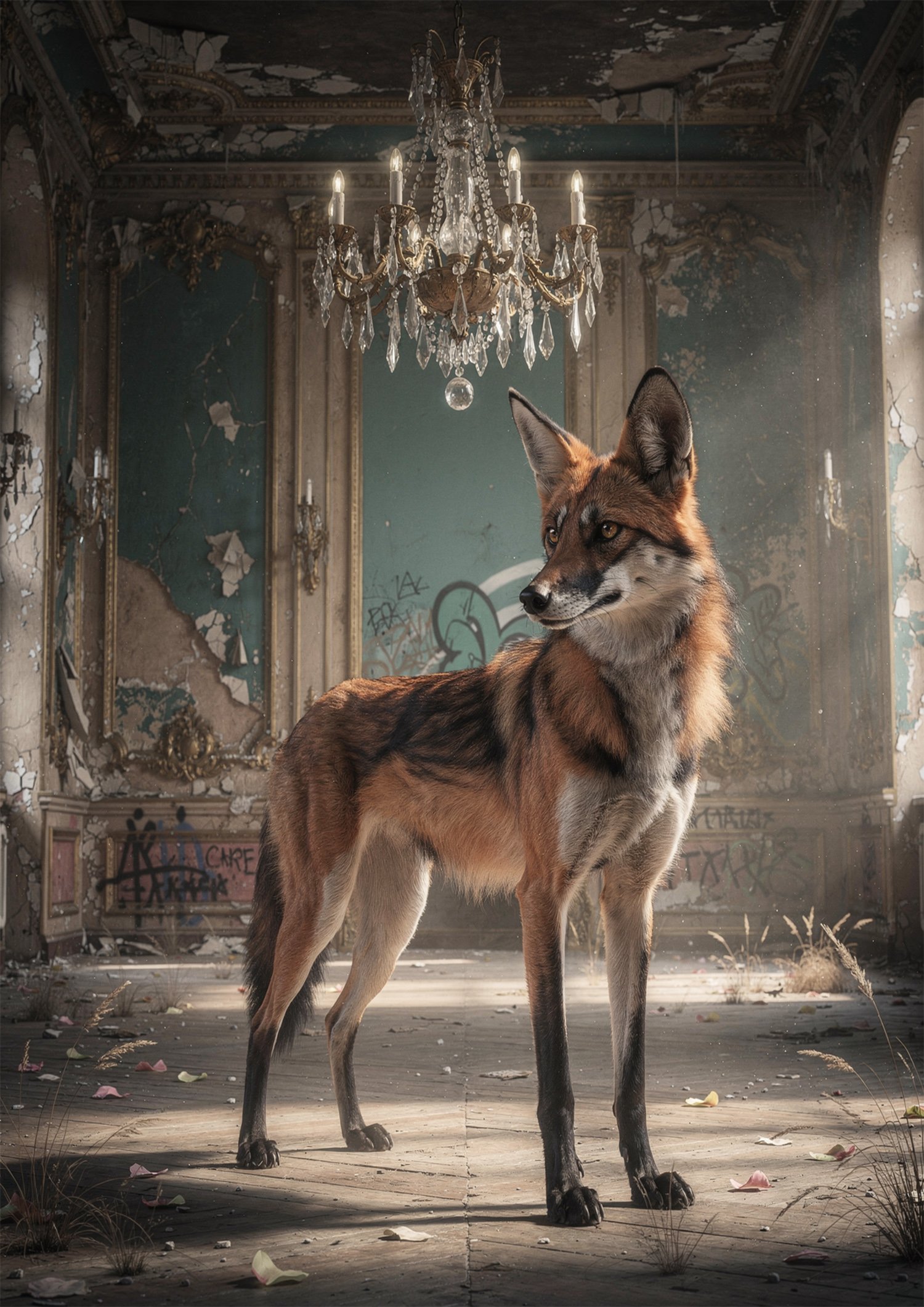 Affiche renard debout dans un salon abandonné avec lustre en cristal, murs écaillés, parquet ancien et lumière douce