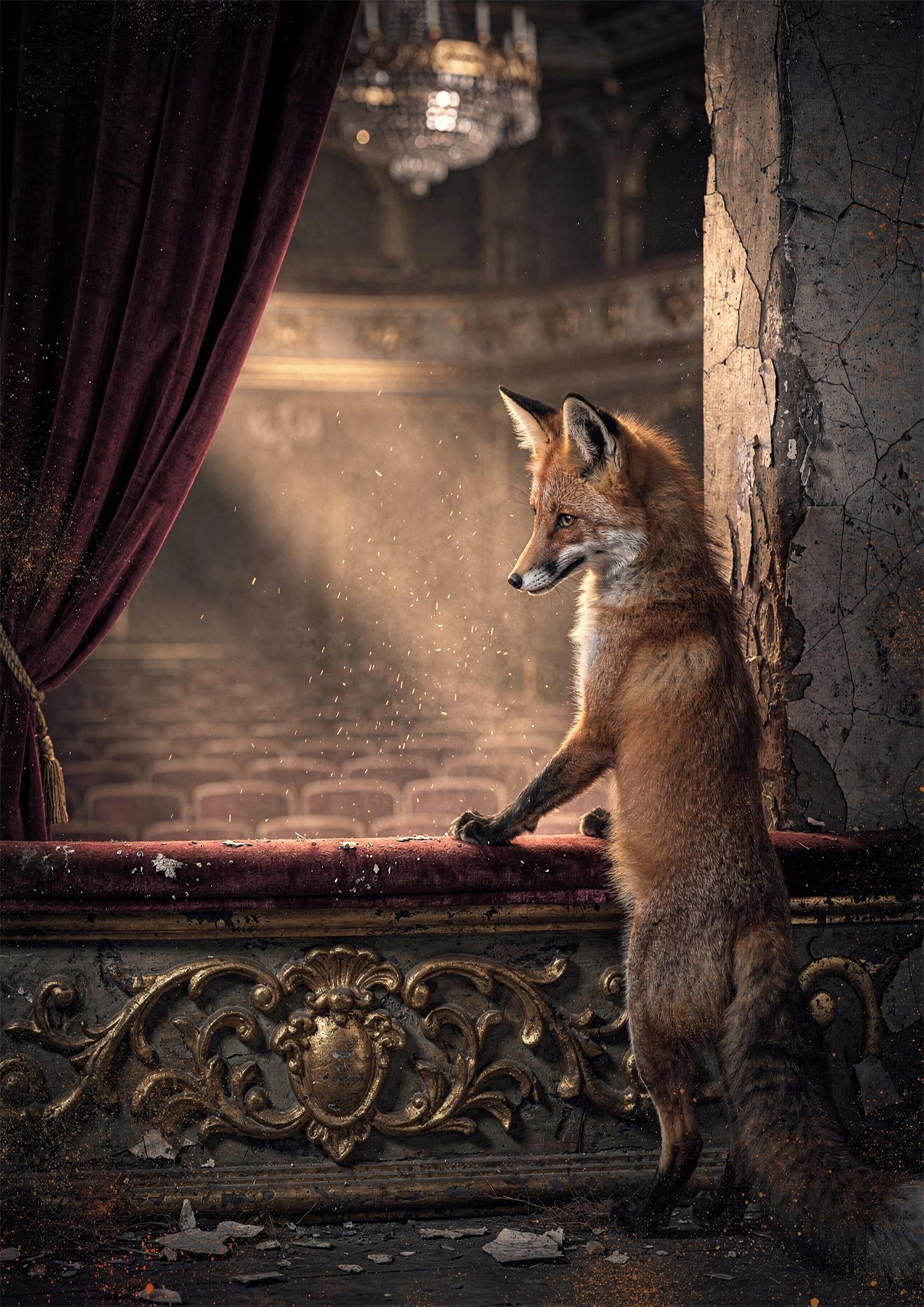 Affiche renard roux dans un théâtre abandonné, près d’un rideau bordeaux, avec décor ancien fissuré et lumière dorée