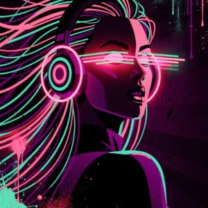 Affiche cyberpunk d’une femme au casque audio avec viseur néon rose, cheveux turquoise et fond sombre graffiti