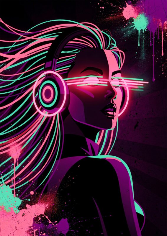 Affiche cyberpunk d’une femme au casque audio avec viseur néon rose, cheveux turquoise et fond sombre graffiti