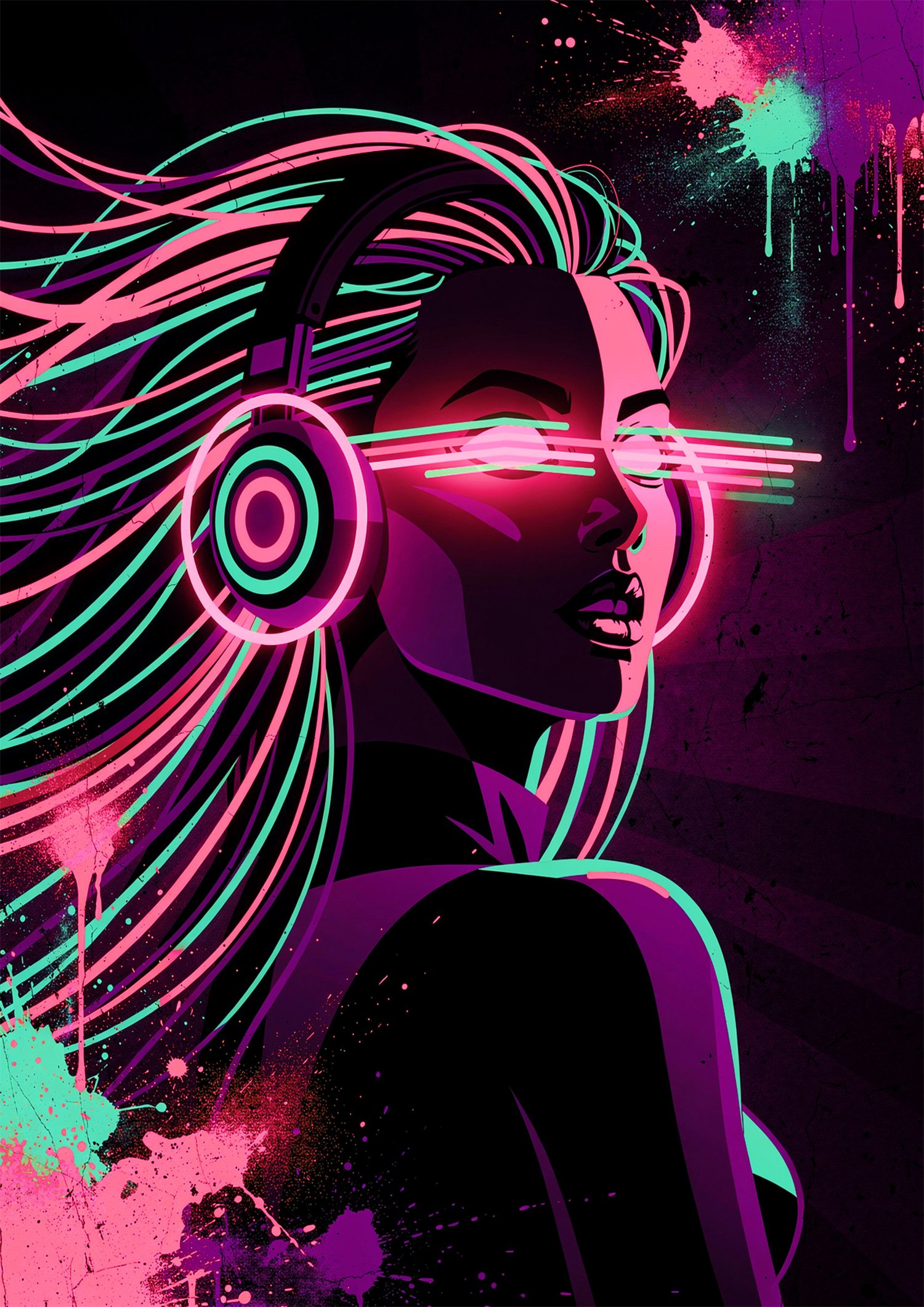 Affiche cyberpunk d’une femme au casque audio avec viseur néon rose, cheveux turquoise et fond sombre graffiti