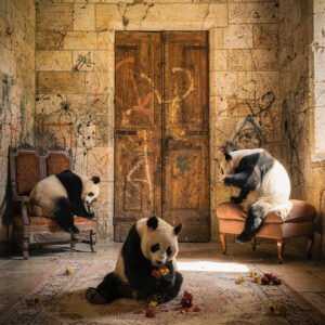 Affiche pandas dans une pièce ancienne en pierre avec porte en bois, fauteuils, tapis usé et fleurs au sol
