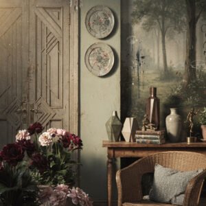 Affiche d’intérieur vintage avec fauteuil en rotin, console en bois, fleurs bordeaux, assiettes murales et décor forestier