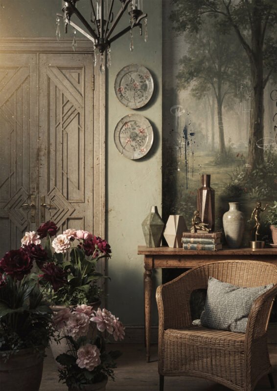 Affiche d’intérieur vintage avec fauteuil en rotin, console en bois, fleurs bordeaux, assiettes murales et décor forestier