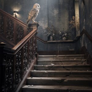 Affiche chouette perchée sur la rampe d’un escalier ancien en bois sculpté, avec marches fissurées et murs sombres