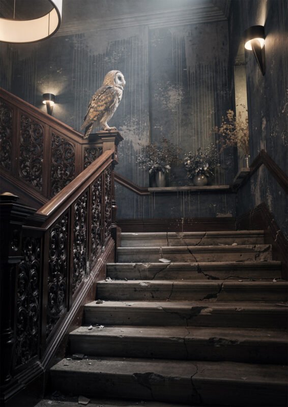 Affiche chouette perchée sur la rampe d’un escalier ancien en bois sculpté, avec marches fissurées et murs sombres