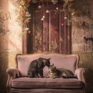 Deux chats sur un canapé rose vintage devant une porte patinée, sous une composition de fleurs suspendues.