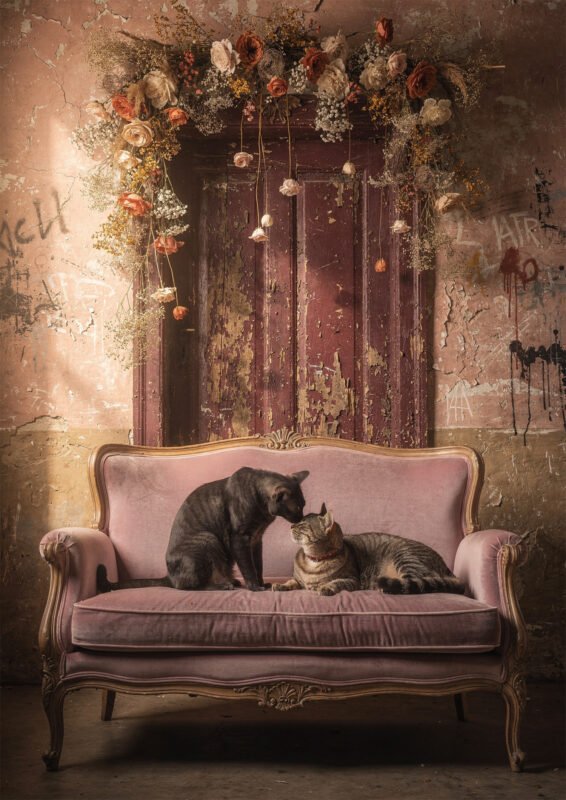 Deux chats sur un canapé rose vintage devant une porte patinée, sous une composition de fleurs suspendues.