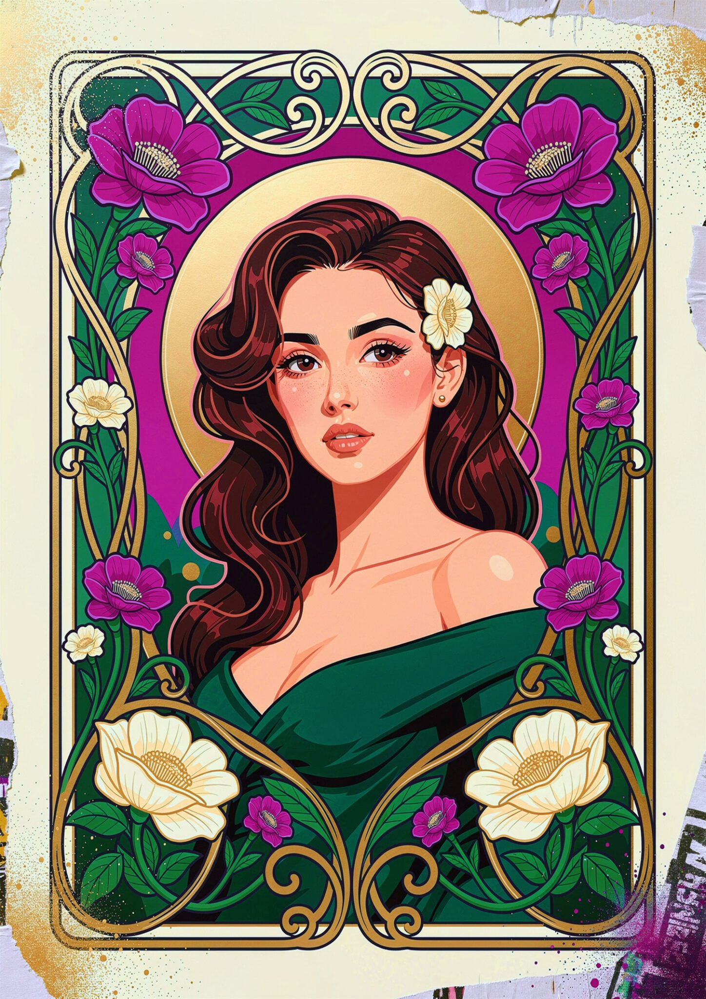 Portrait illustré d’une femme en style art nouveau, entourée de fleurs roses et blanches dans un cadre ornemental.
