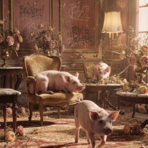 Plusieurs cochons dans un salon ancien avec fauteuils, fleurs et murs patinés décorés de graffiti.