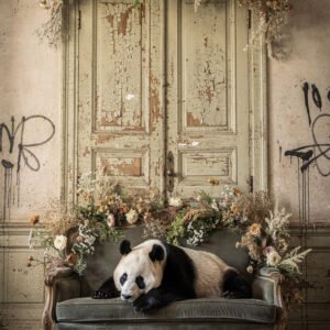 Panda allongé sur un canapé ancien entouré de fleurs devant une porte usée avec murs patinés et graffiti.