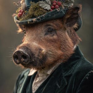 Sanglier portant un costume vintage et un chapeau décoré de feuilles et baies dans un portrait rapproché.