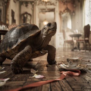 Tortue marchant sur un parquet ancien dans un salon vintage avec tasse à thé au sol et lumière chaude.