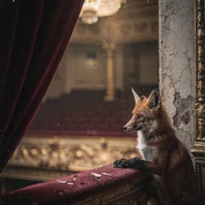 Renard appuyé sur une balustrade dans un théâtre ancien avec rideaux rouges et lustre lumineux en arrière-plan.