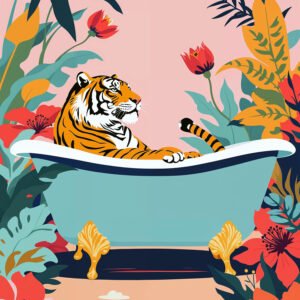 Tigre allongé dans une baignoire entourée de plantes tropicales et fleurs colorées dans une illustration stylisée.