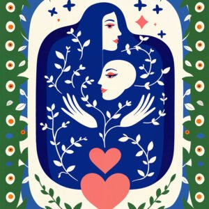 Illustration stylisée de deux visages féminins entourés de motifs floraux avec cœurs dans une composition graphique colorée.