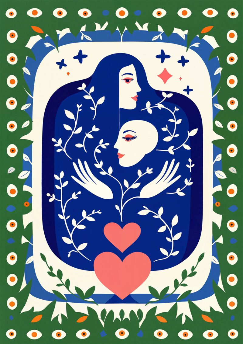 Illustration stylisée de deux visages féminins entourés de motifs floraux avec cœurs dans une composition graphique colorée.