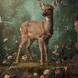 Jeune faon debout sur un socle avec fleurs devant un mur vert texturé et patiné au style vintage.