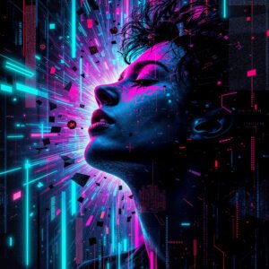 Affiche portrait femme style cyberpunk avec lumières néon rose et bleu et éléments numériques abstraits