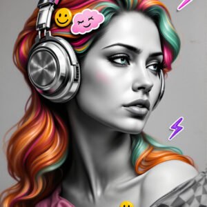 Affiche portrait femme avec casque audio, cheveux multicolores et éléments pop art comme smileys et éclairs