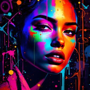 Affiche portrait femme avec peinture néon multicolore et effets graffiti sur fond sombre