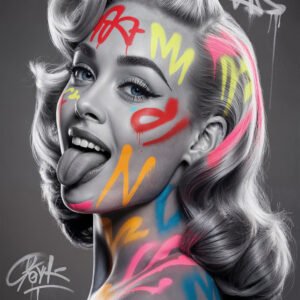 Affiche portrait femme noir et blanc style vintage avec graffiti coloré sur le visage et le corps