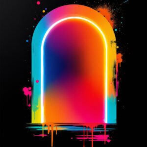 Affiche abstraite avec arche lumineuse néon en dégradé multicolore sur fond noir avec effets de peinture