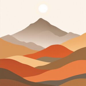 Affiche paysage abstrait de montagnes en tons chauds avec formes douces superposées et soleil au centre