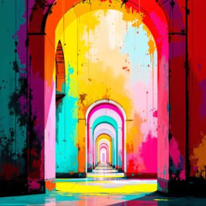Affiche arches colorées en perspective avec peinture graffiti multicolore et effet néon sur sol réfléchissant