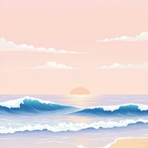 Affiche plage avec vagues et coucher de soleil en style minimaliste pastel avec ciel rose et mer calme