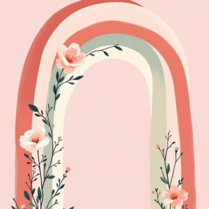 Affiche arc-en-ciel pastel avec fleurs et feuillages dans un style minimaliste doux sur fond rose