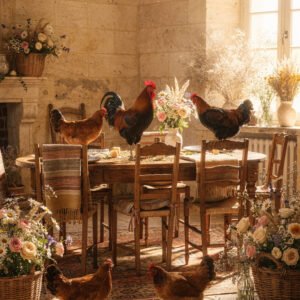 Affiche intérieur rustique avec table en bois, fleurs et poules dans une ambiance campagne lumineuse
