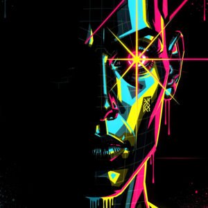 Affiche portrait homme style cyberpunk avec formes géométriques néon et faisceau lumineux sur l’œil