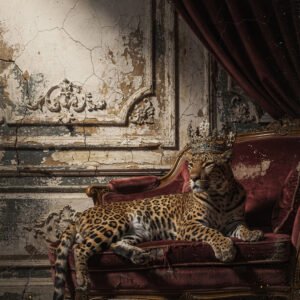 Affiche léopard avec couronne allongé sur un fauteuil rouge dans un intérieur baroque vintage