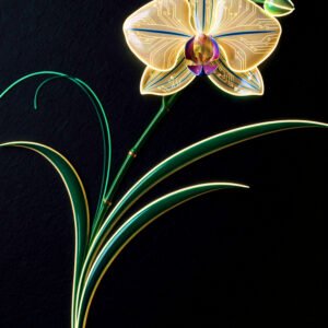 Affiche orchidée avec pétales lumineux style circuit imprimé sur fond sombre avec tige verte stylisée