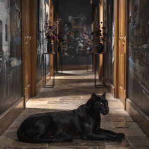 Affiche panthère noire allongée dans un couloir moderne avec murs décorés et ambiance sombre