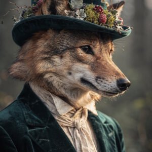 Affiche renard anthropomorphe en costume vintage avec chapeau fleuri dans un décor naturel doux