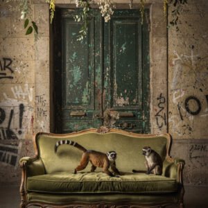 Affiche deux singes sur un canapé vintage devant une porte ancienne avec mur graffiti et décor floral