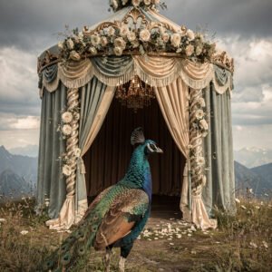 Affiche paon devant une tente décorée de fleurs avec style baroque dans un paysage de montagne