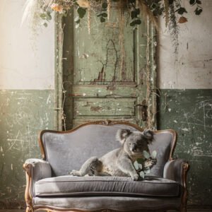 Affiche koala sur canapé vintage devant une porte patinée avec décoration florale dans un intérieur rustique