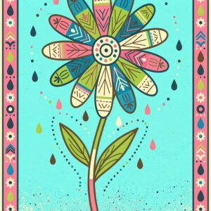 Affiche fleur stylisée colorée avec motifs géométriques et cadre décoratif sur fond turquoise