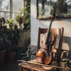 Affiche violon ancien posé sur une chaise en bois près d’une fenêtre avec lumière naturelle et ambiance vintage
