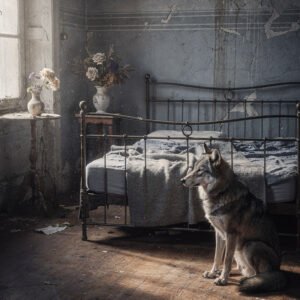 Affiche loup assis dans une chambre ancienne avec lit en métal et lumière naturelle style vintage