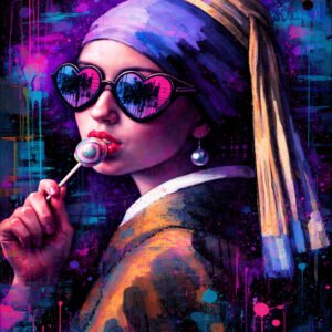 Affiche femme style pop art avec lunettes cœur et sucette sur fond graffiti coloré violet et rose