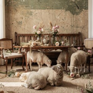 Affiche moutons dans un intérieur vintage avec table en bois et bouquets de fleurs ambiance pastorale lumineuse
