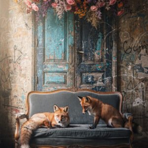 Affiche deux renards sur canapé vintage devant porte bleue usée avec graffiti et bouquet de fleurs suspendu