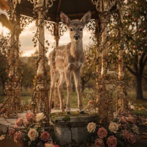 Affiche faon sous kiosque orné de fleurs avec roses et pommes dans un jardin automnal lumineux