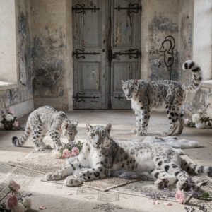 Affiche trois léopards des neiges dans pièce ancienne avec porte en bois usée et fleurs au sol